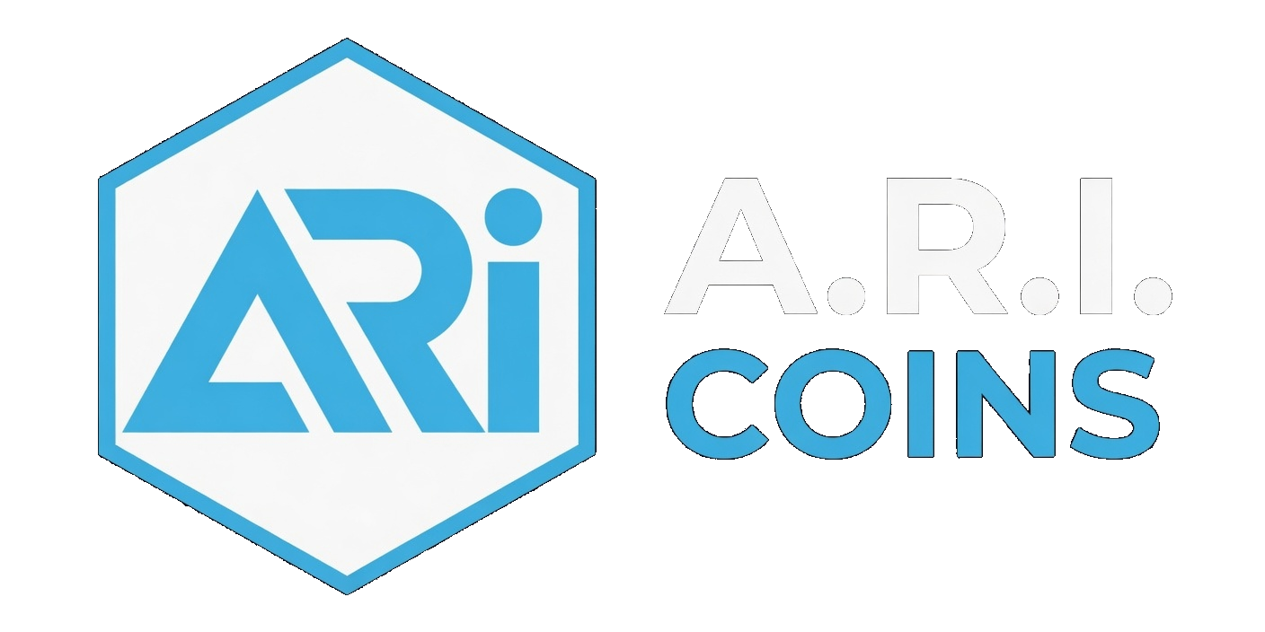 A.R.I. COINS logo by Grok Imagine on dark background